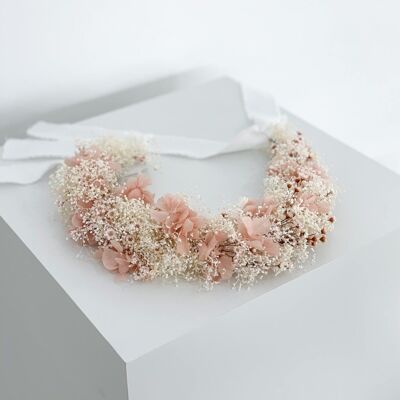 Corona di capelli fiori secchi rosa