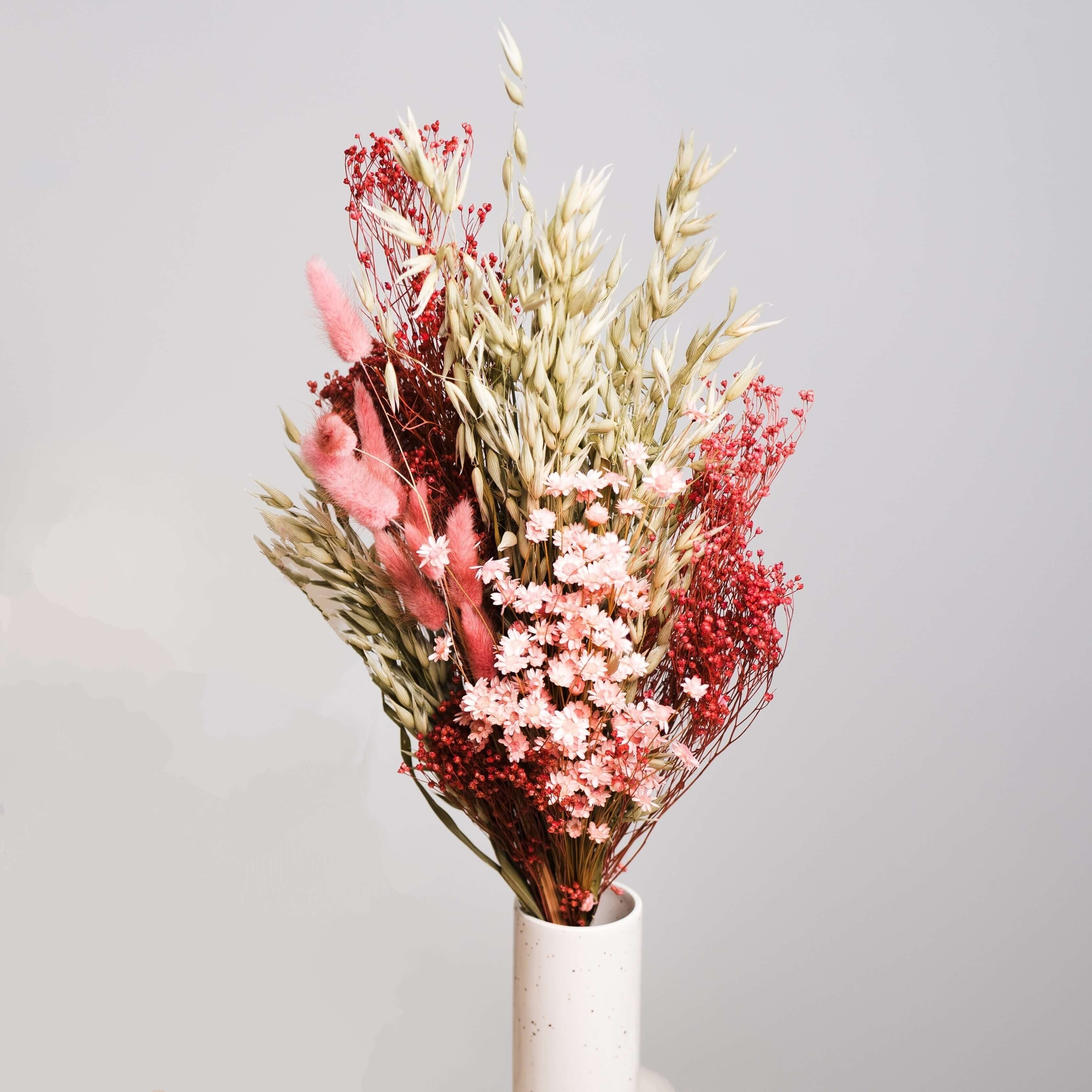 Une touche de rose : bouquet de fleurs séchées avec avoine, genêt, lagurus et glixia