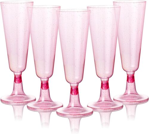 50 Premium Pink Plastic Champagne Flutes with Glitters, 150ml - Reusable Toasting Glasses, Cocktail Prosecco Glasses for Weddings, Birthdays, Christmas, Hen Do, Themed Parties