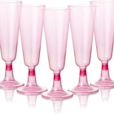 50 Premium Pink Plastic Champagne Flutes with Glitters, 150ml - Reusable Toasting Glasses, Cocktail Prosecco Glasses for Weddings, Birthdays, Christmas, Hen Do, Themed Parties