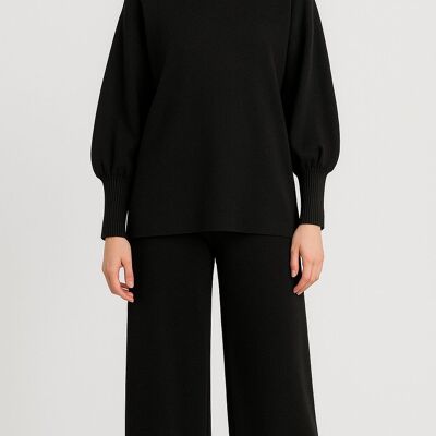 Pull en tricot haut de gamme à manches bouffantes et boutons dans le dos assorti à un pantalon large avec poches, taille élastique et liens