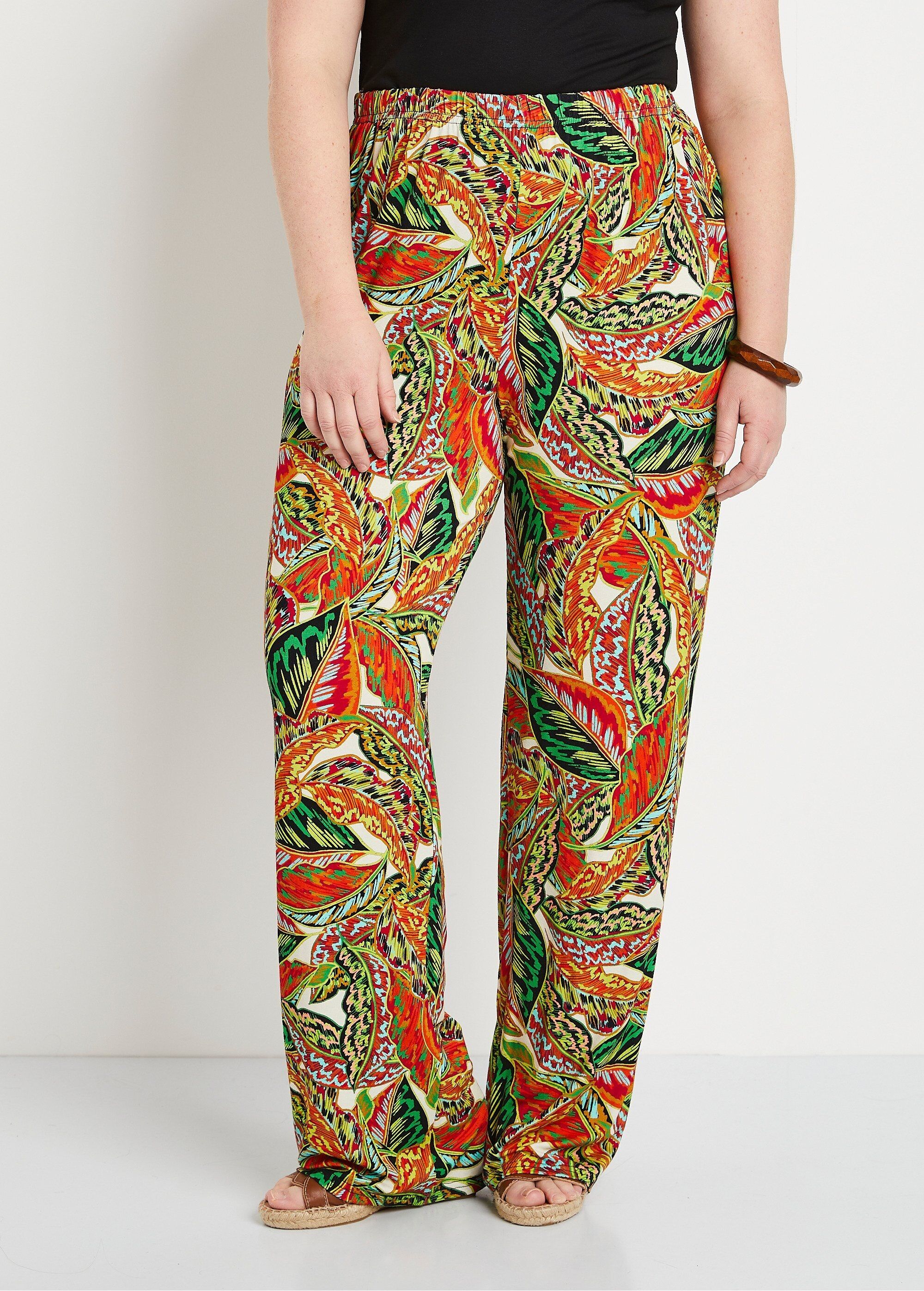 Pantaloni con vita elasticizzata e fantasia a foglie