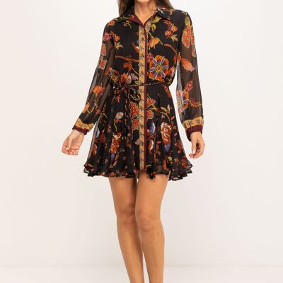 ROBE IMPRIMÉE EN MOUSSELINE DE VISCOSE AVEC OURLET ÉVASÉ 100% VISCOSE PR1151V_BLACK