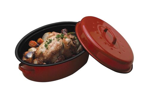 Carvara Oval Self Red Enamel Basting Roaster
