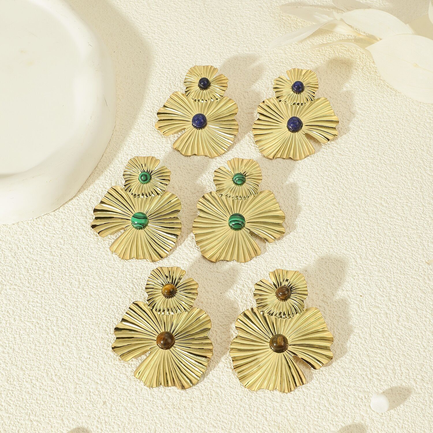 Double Flower Earrings Tiger Eye Stone