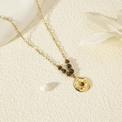 Collier Chaîne Doré Pierre Œil de Tigre Pampille Martelée