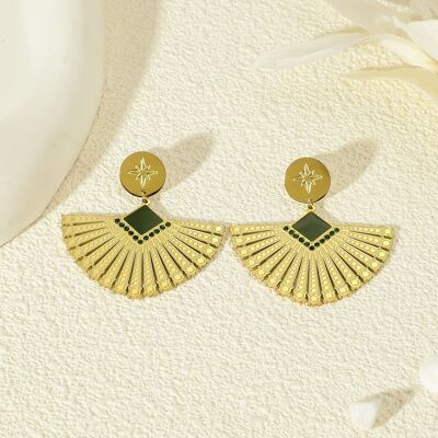 Pendientes Oro Colgante Abanico Esmaltado Verde