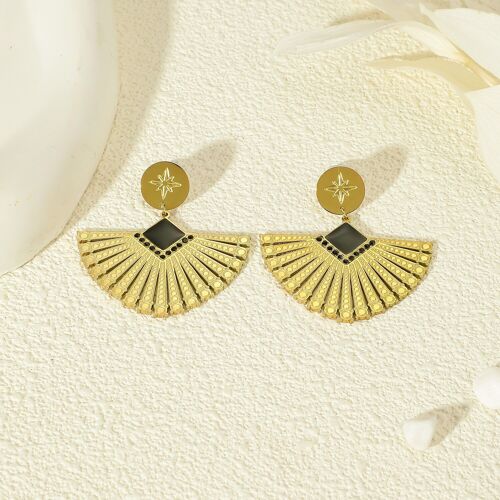 Boucles D'oreilles Dorées Pendentif Éventail Émail Noir