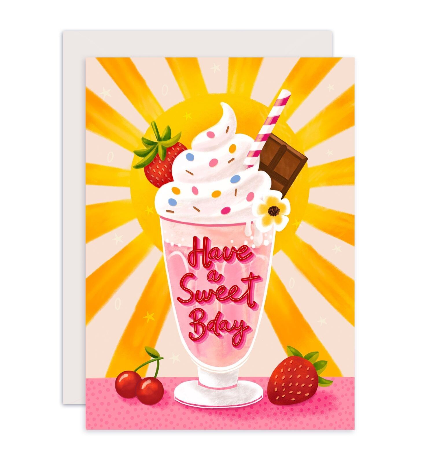 Biglietto di compleanno milkshake rosa con sole dolce compleanno