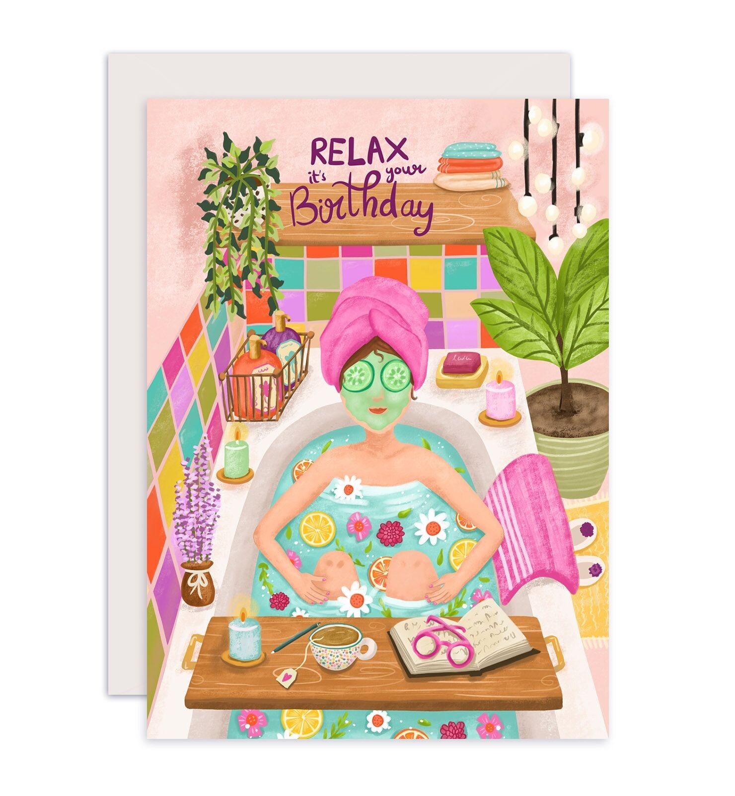 Tarjeta de cumpleaños mujer en el baño relájate es tu cumpleaños