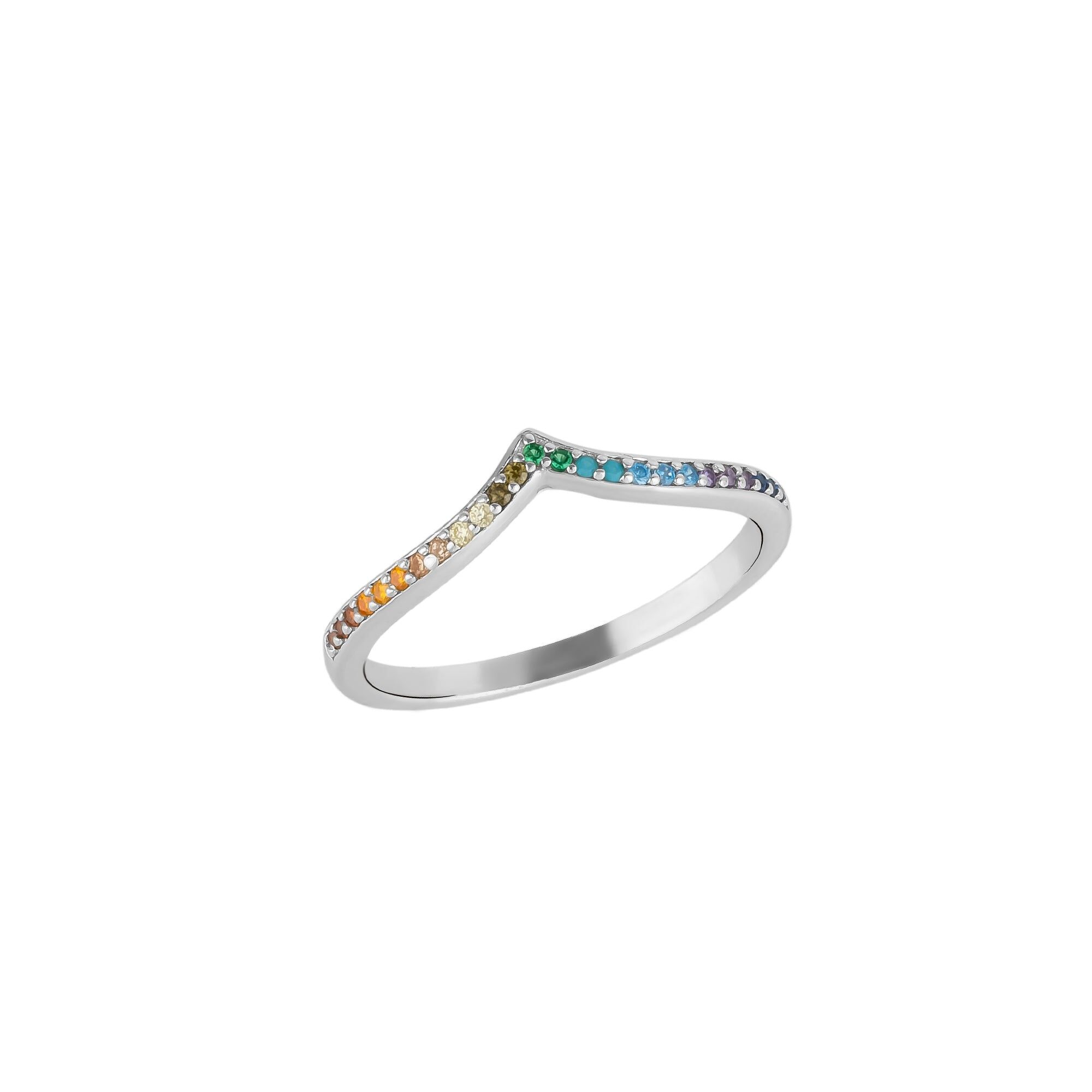 Anello a forma di forcella multicolore arcobaleno in argento sterling