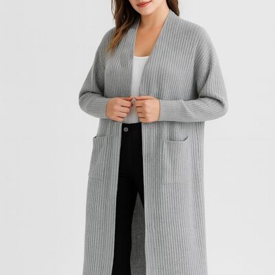 Vertically Ribbed Long Knitted Cardigan With Pockets