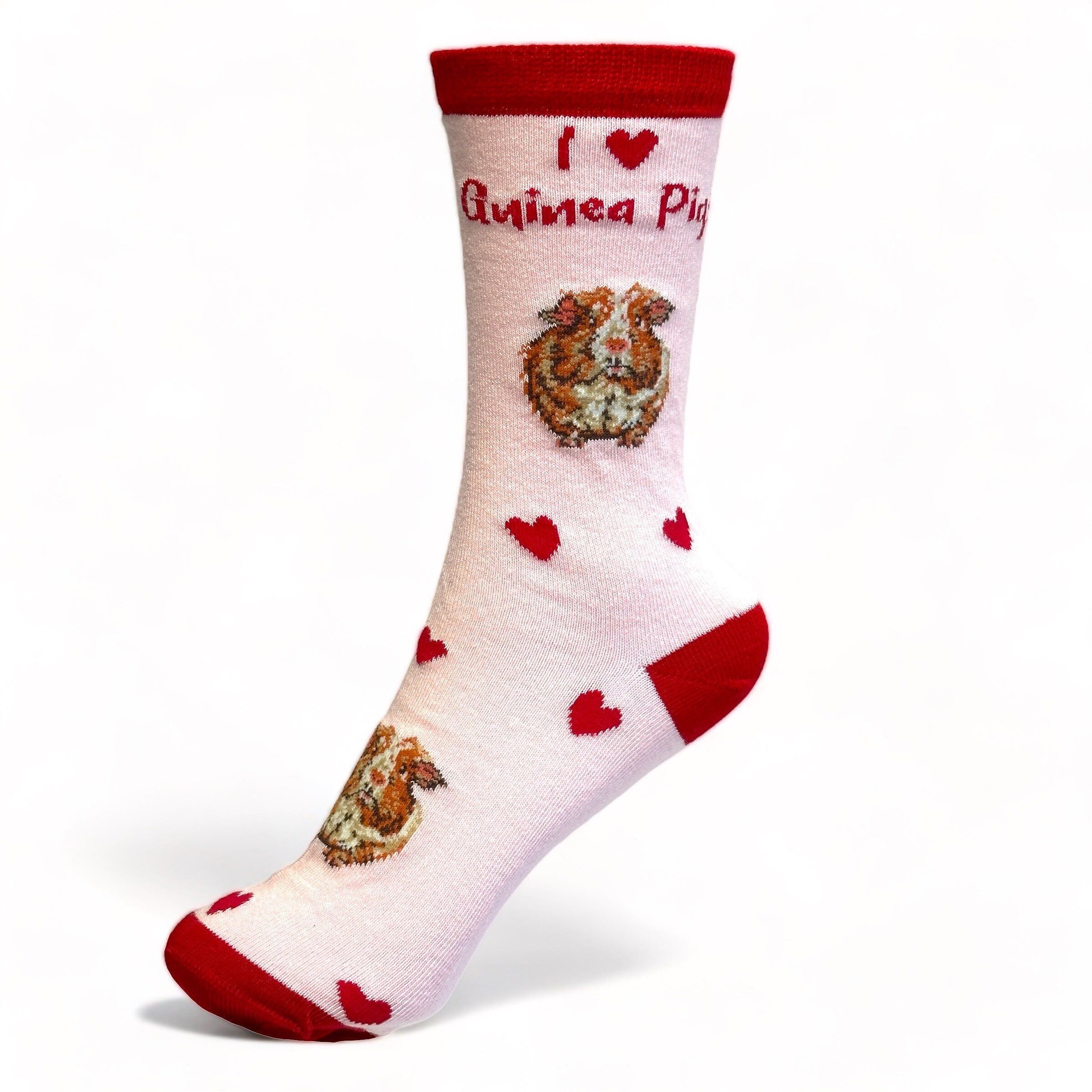 Meerschweinchensocken für Damen/Mädchen, süßes Meerschweinchen-Bild, „I Love Guinea Pigs“-Text und Herz-Design, Einheitsgröße, hochwertiger Baumwollmix