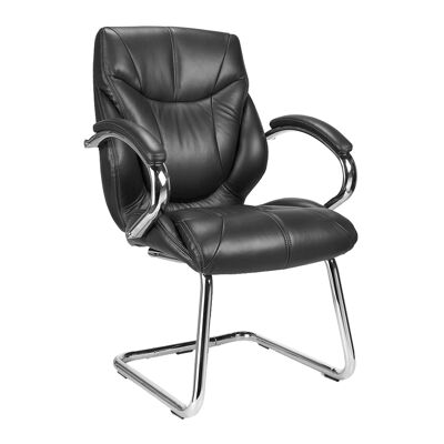 Sillón ejecutivo para visitas de lujo con respaldo alto, revestido en cuero, reposacabezas integrado y base cromada
