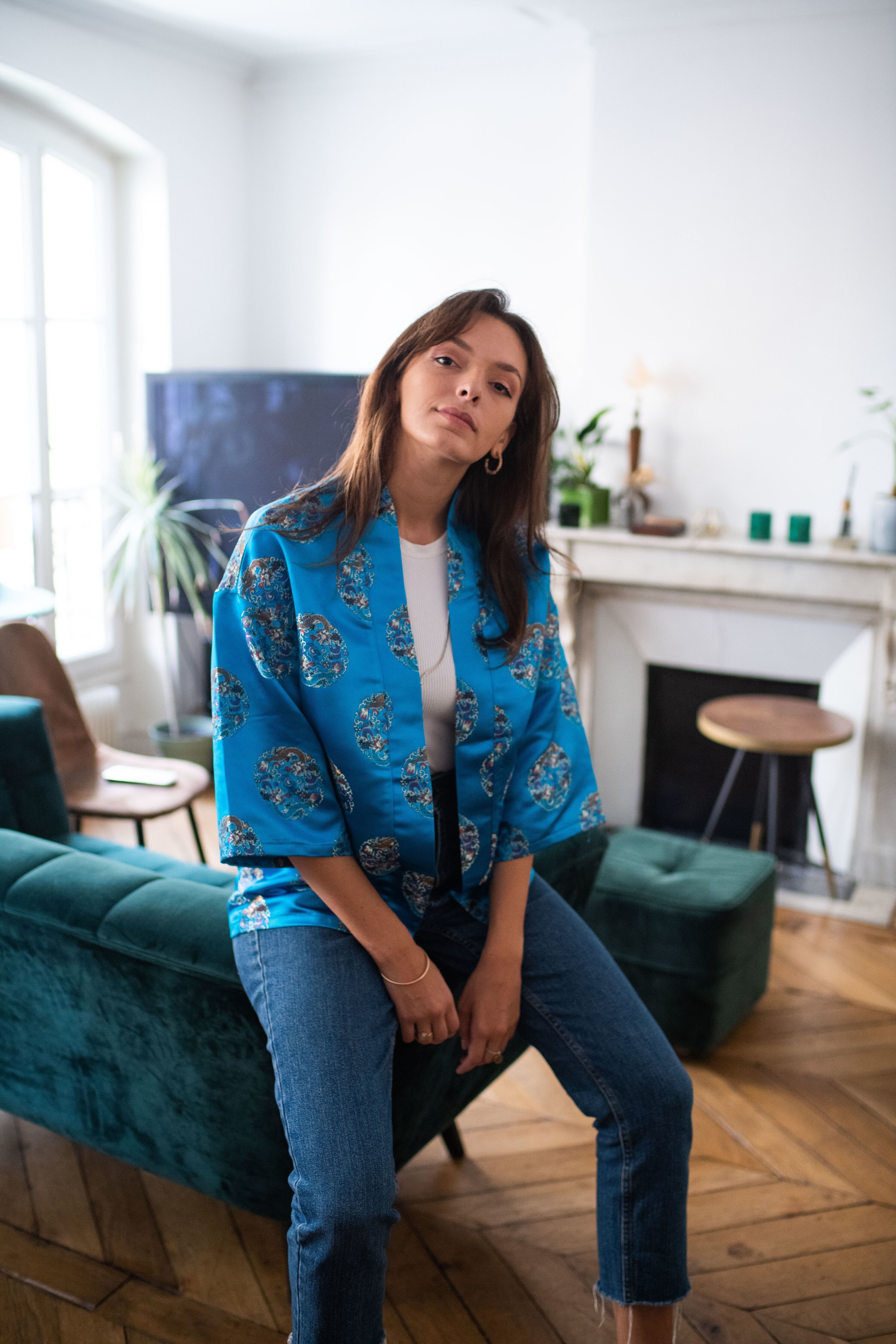 Kurze türkisfarbene Kimonojacke „Dragon cyan“