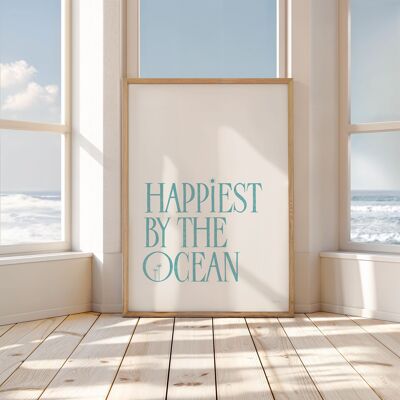 Poster con citazione - Stampa artistica - Poster con citazione "Happiest by the ocean" in inglese (turchese)