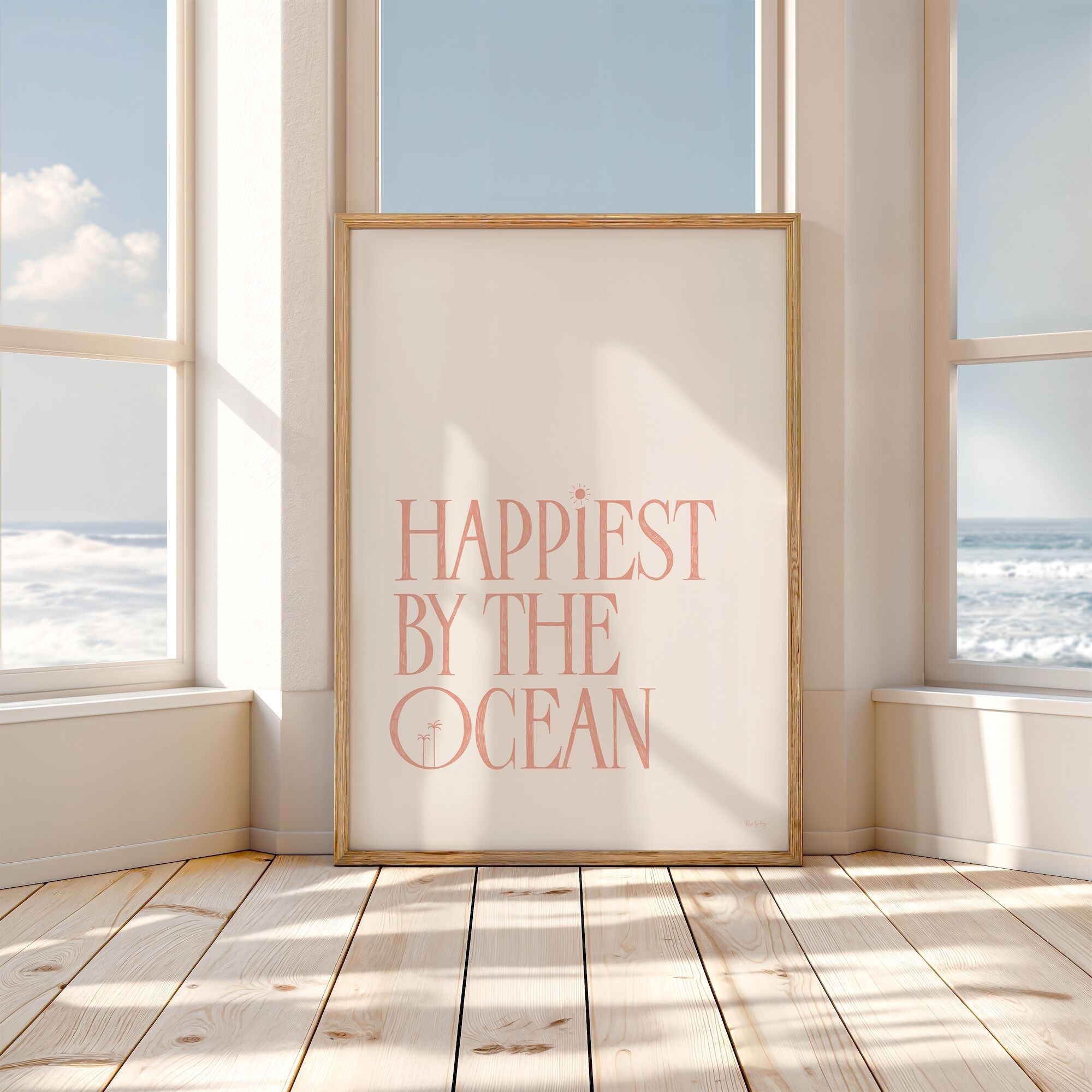 Poster con citazione - Stampa d'arte - Poster con citazione "Happiest by the ocean" in inglese (peach fuzz)