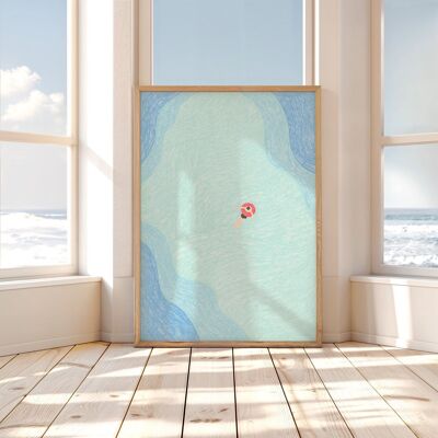 Poster con illustrazione dell'oceano - Stampa d'arte - Poster "Donna che galleggia sul mare in estate"