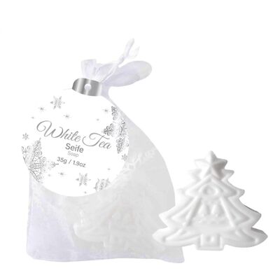 Jabón de árbol de Navidad en organza plateada