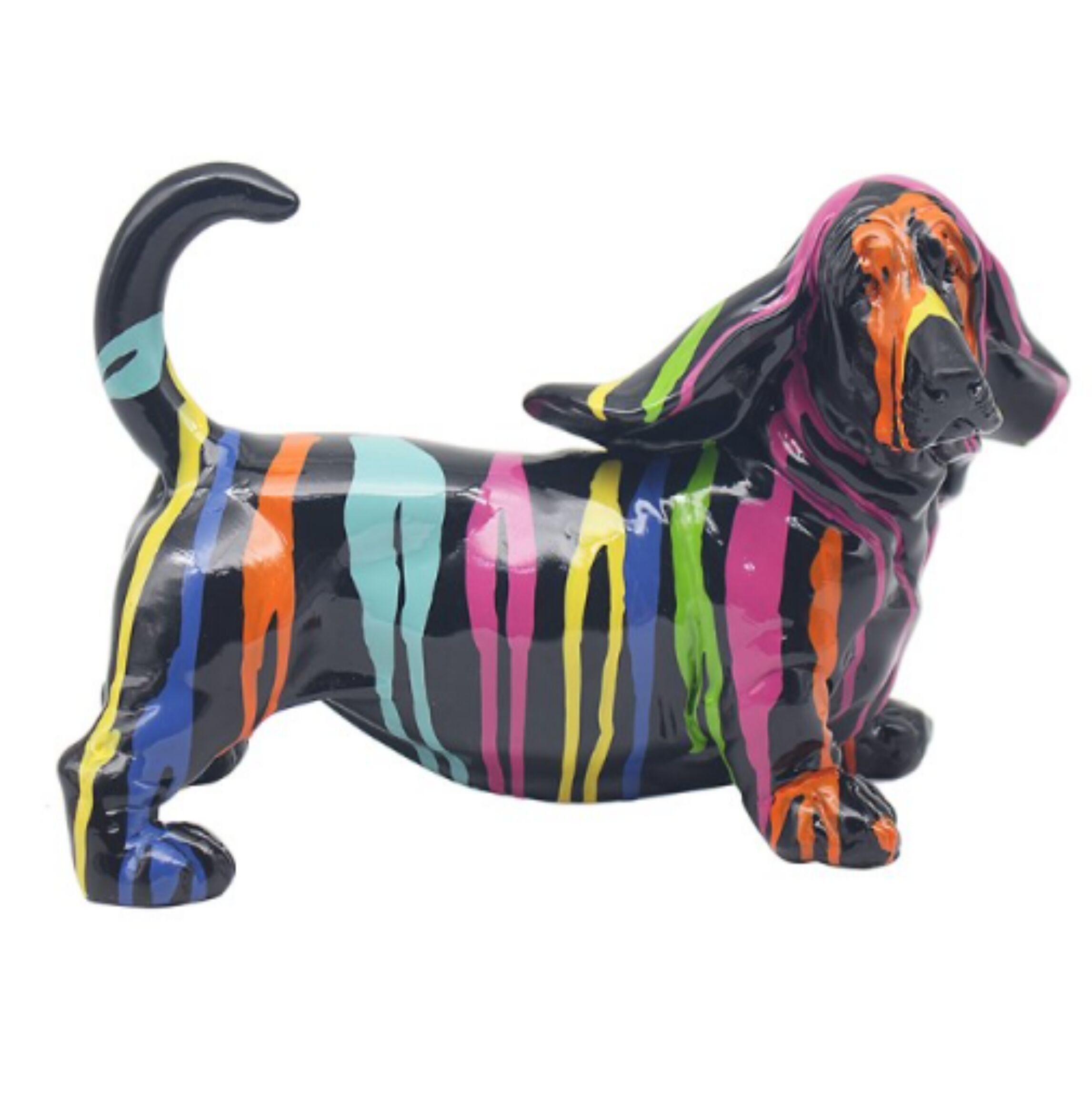 Figurine Basset Hound debout Drip Art, finition brillante de couleur vive, coffret cadeau, 28 cm