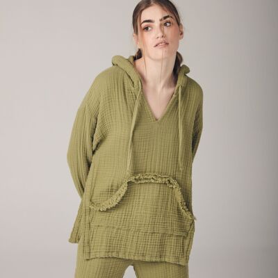 Sweat à Capuche en Coton avec Poche Frangée