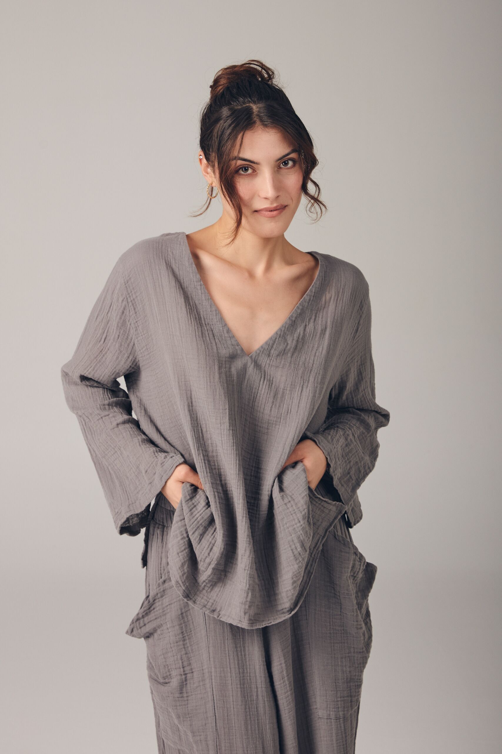 Loose Long Sleeve Blouse with V-Neck
