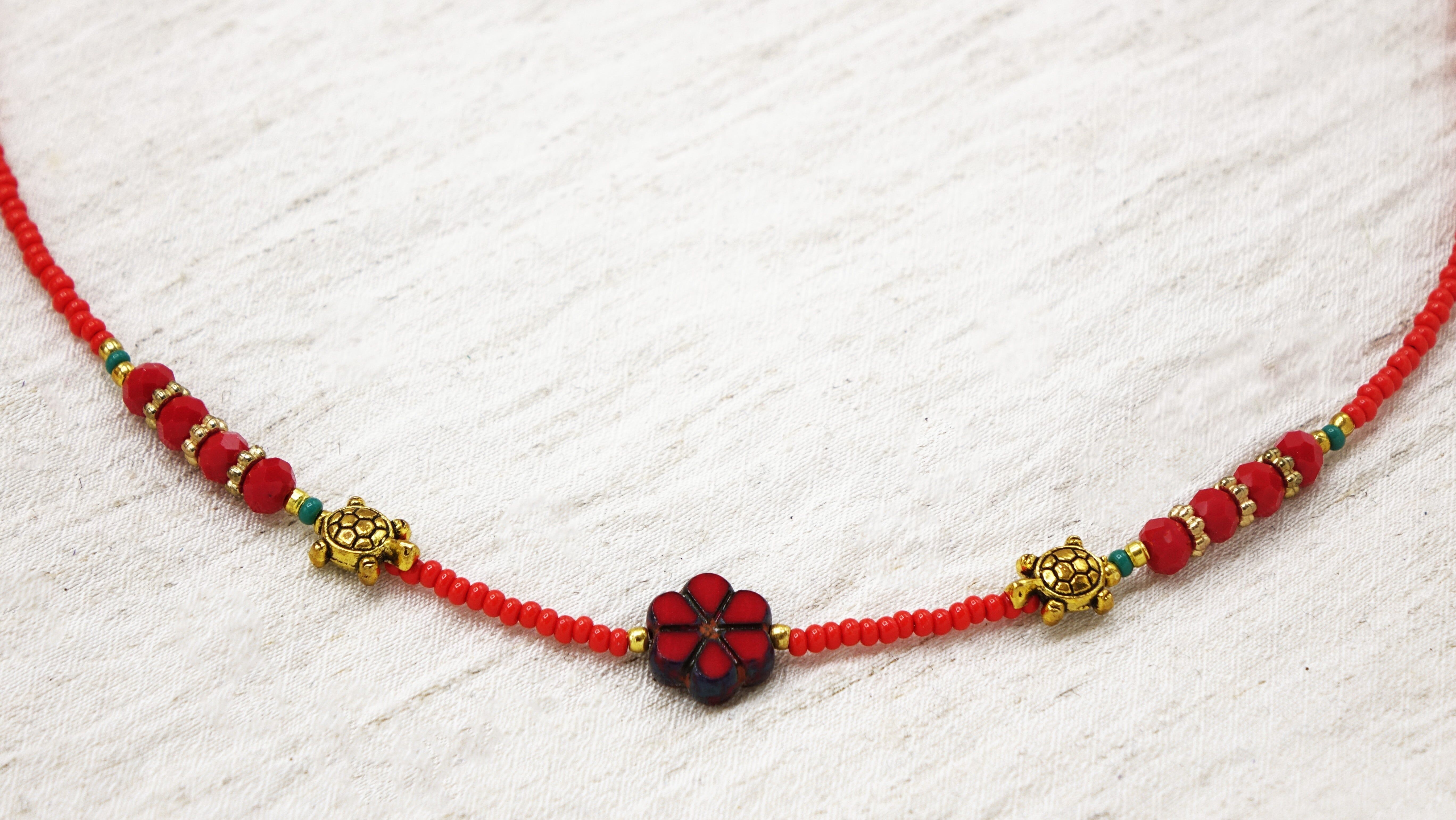 Boho Beaded Flower Necklace with Caretta Carettas