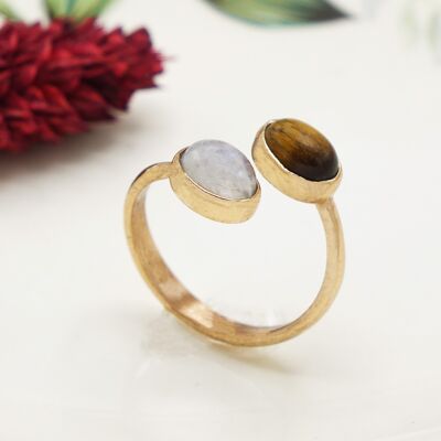 Bague en pierre précieuse œil de tigre et pierre de lune