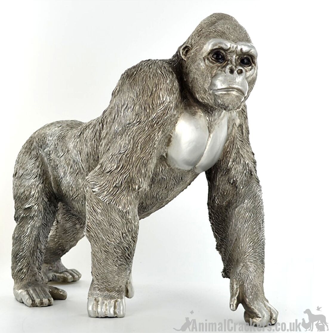 Gran adorno de gorila de pie con efecto plateado de 33 cm