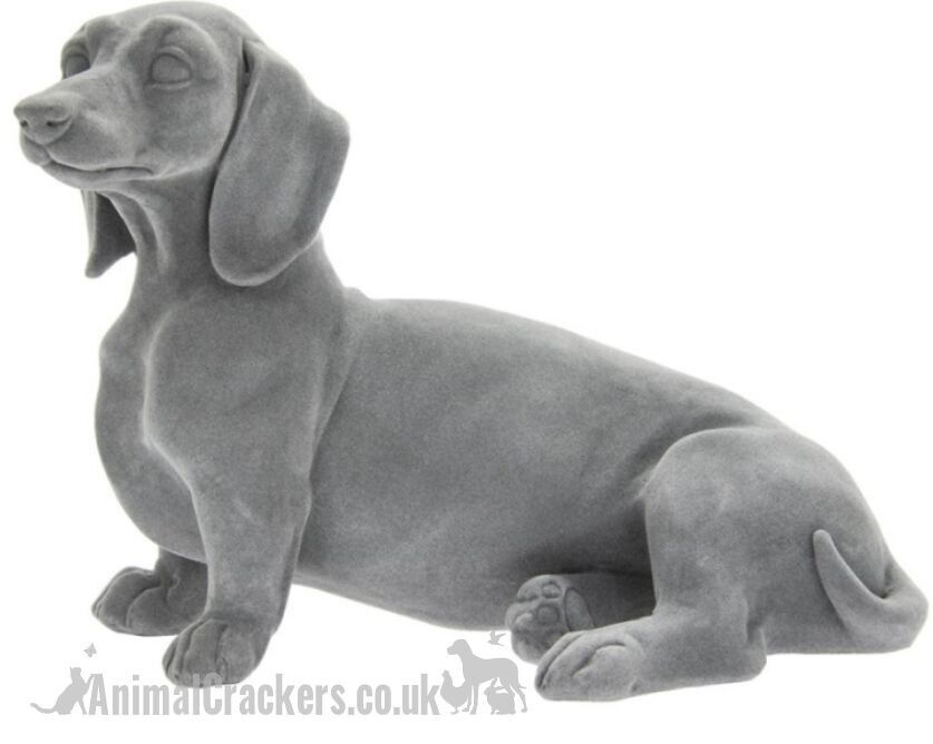 Adorno de figura de Dachshund sentado con efecto de terciopelo gris, regalo para amantes del perro salchicha