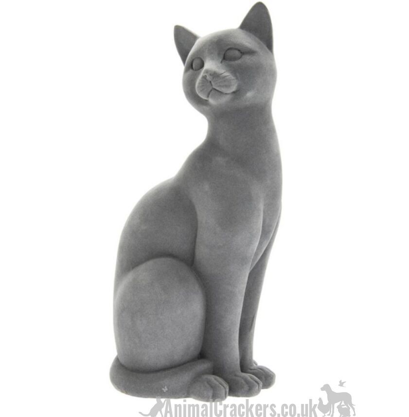 Adorno de estatuilla de gato sentado efecto terciopelo gris, gran regalo para amantes de los gatos