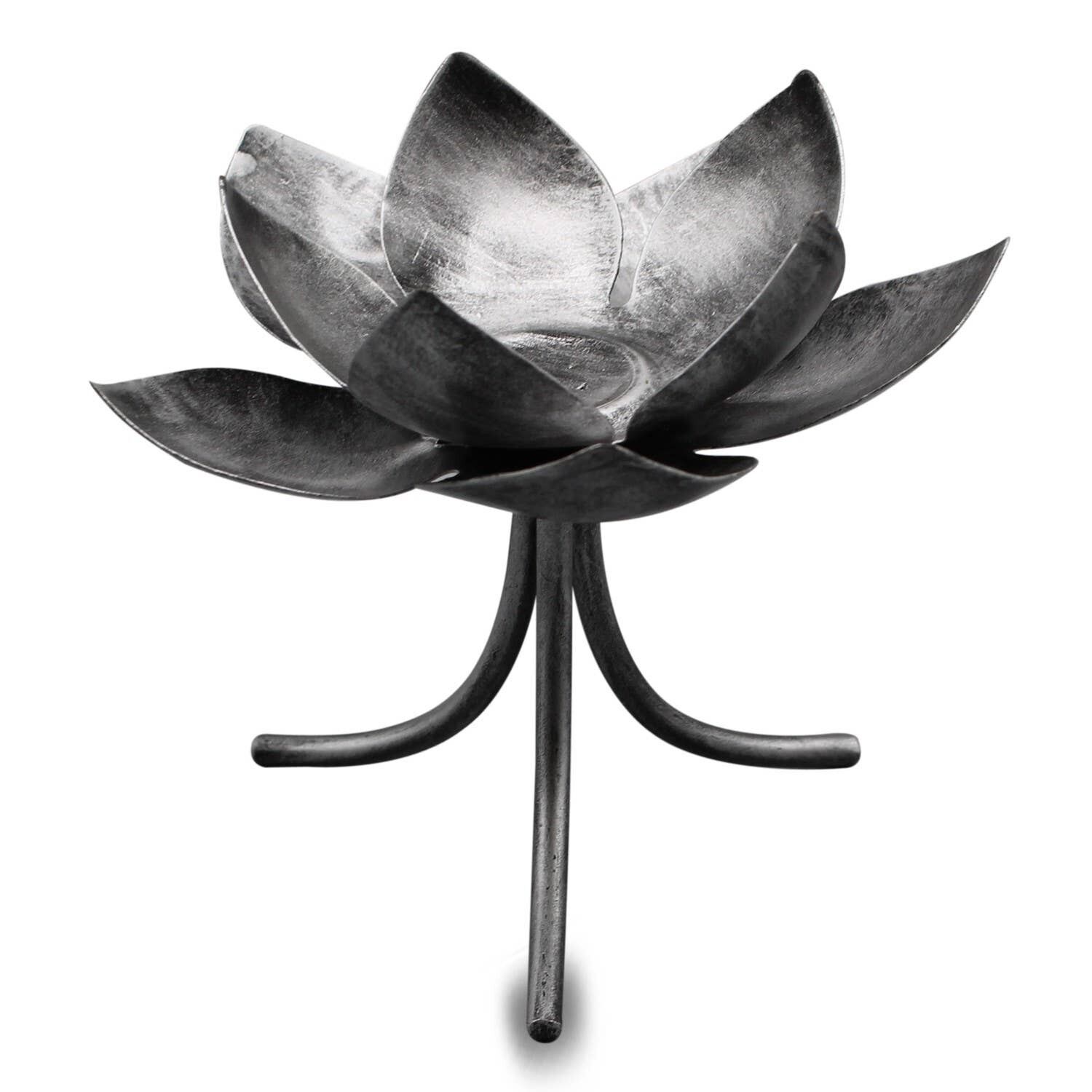 METAL LOTUS PER SINGOLA T-LIGHT SU SUPPORTO SINGOLO-ARGENTO ANTICO