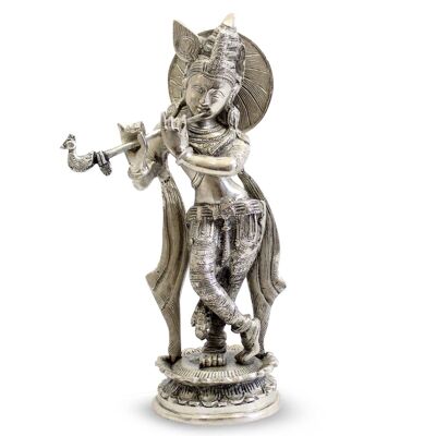 Krishna Standing on Rd. Base W/ Ring (Fine Silver Finish) 11