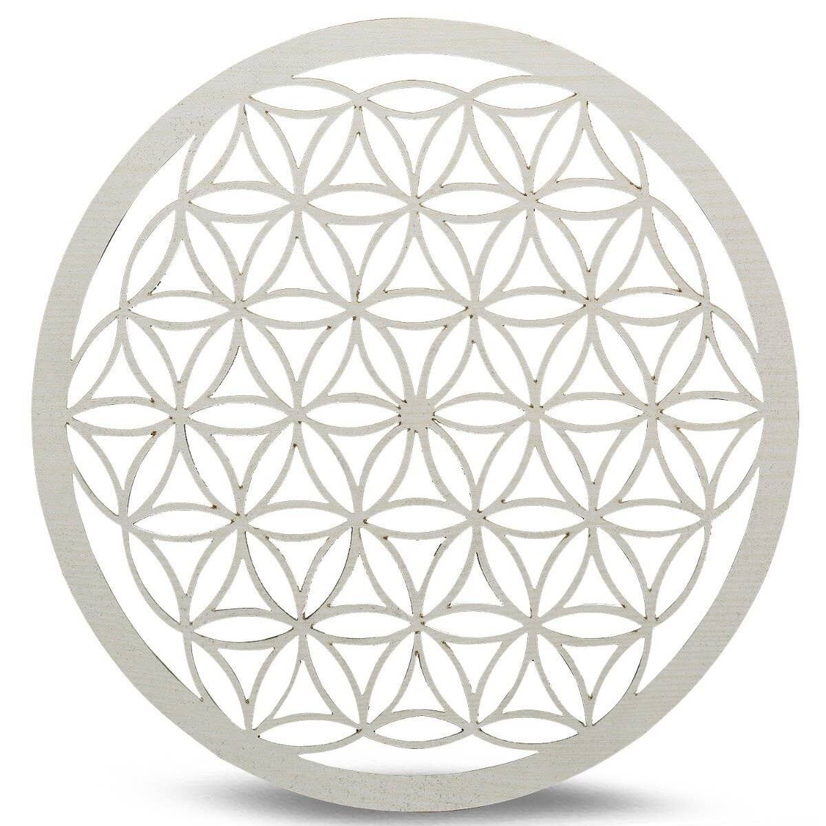 Holz Kristallgitter Tablett Blume des Lebens Weiß 20 cm