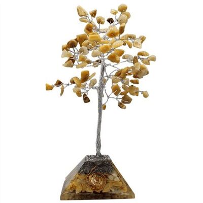 Arbre aux pierres précieuses avec base de pyramide en quartz doré 100 perles