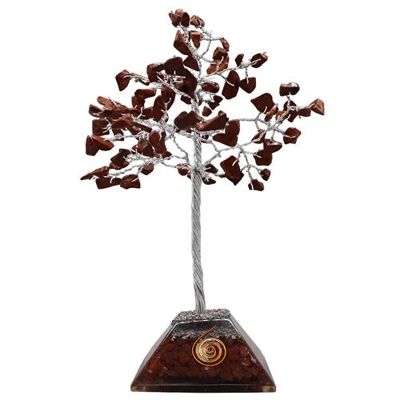 Arbre aux pierres précieuses avec base de pyramide d'orgone en jaspe rouge 100 perles