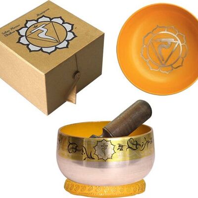 NOUVEAU BOL CHANTANT CHAKRA ARGENT LAITON-JAUNE w/Box, Ring & St
