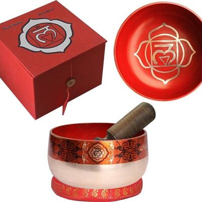 NOUVEAU BOL CHANTANT CHAKRA ARGENT LAITON-ROUGE w/Boîte, Bague & Bâton