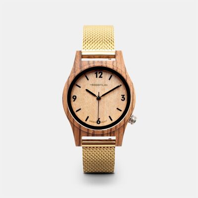 Reloj para dama de acero dorado y madera - 32 mm