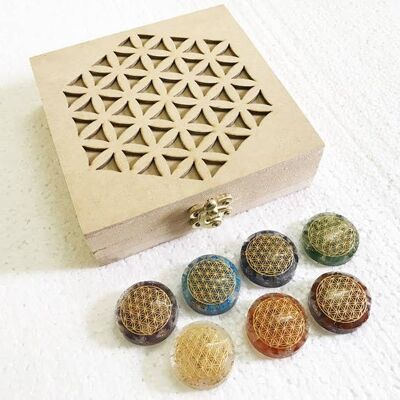 Caja flor de la vida con discos grabados en orgón fol