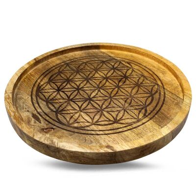 Plateau en bois de manguier avec grille en cristal Fleur de vie 30 cm