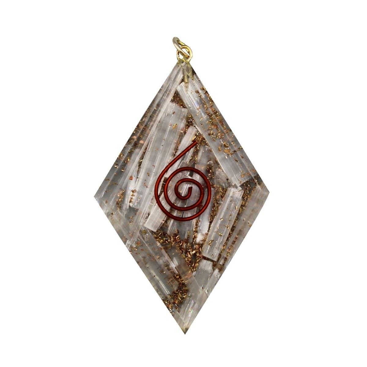 Ciondolo in orgonite a forma di diamante Selenite all'interno