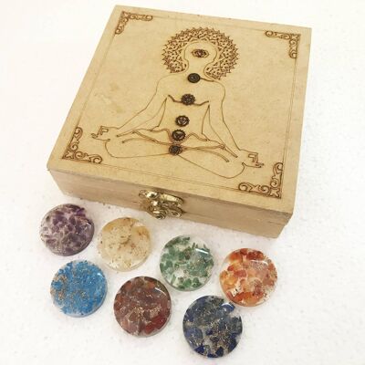 Buddha Etched Chakra Box with Orgone Chakra Disc Set
