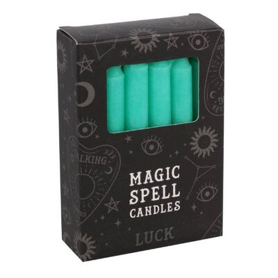 Paquete de 12 velas de hechizo 'suerte' verdes.