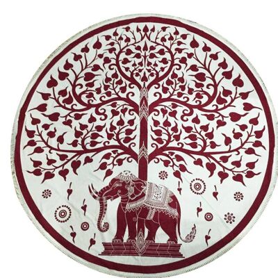 Tapiz redondo de algodón 72 "ELEFANTE Y ÁRBOL (rojo)