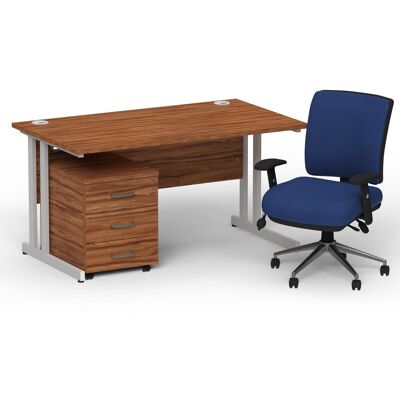 Bureau droit Impulse 1400 mm avec plateau en noyer, pieds en porte-à-faux argentés, caisson mobile à 3 tiroirs et dossier moyen Chiro bleu