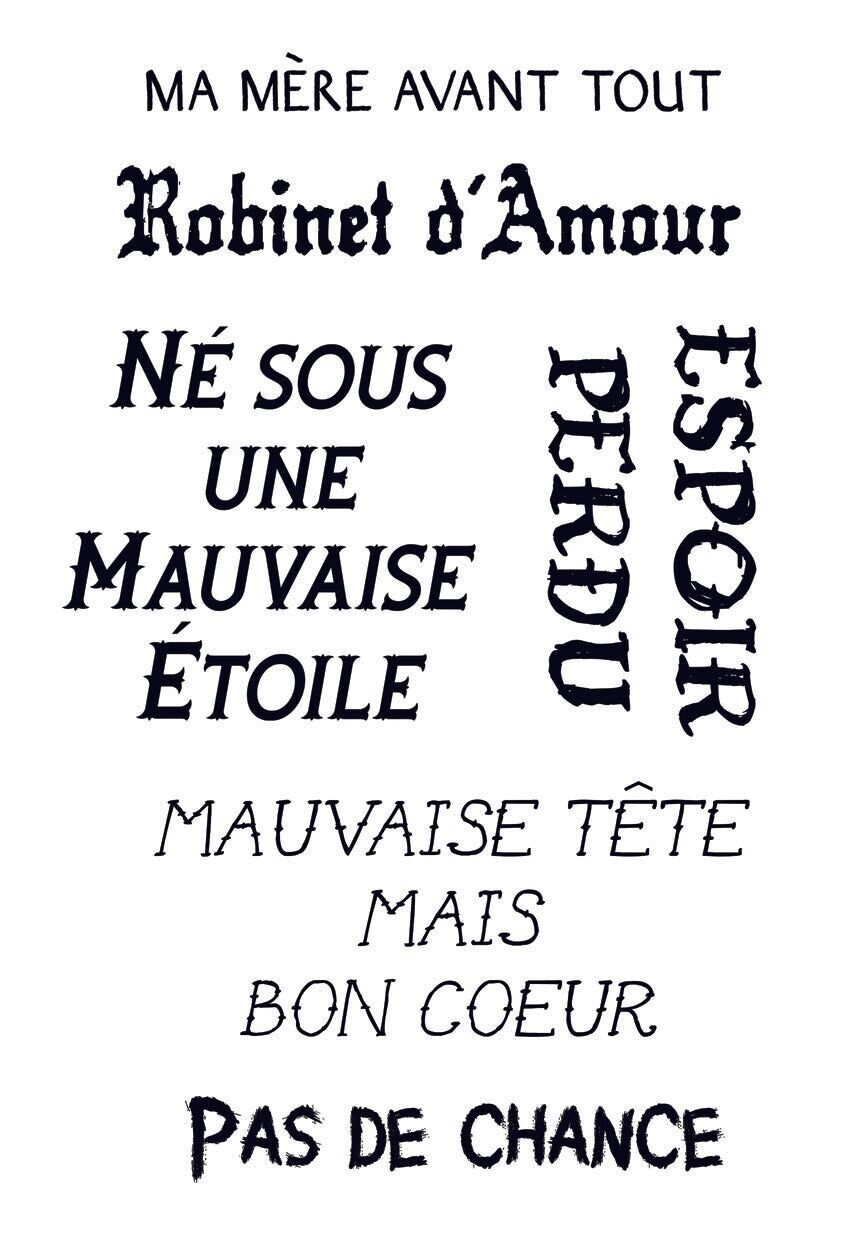 Planche tatouages textile Phrases d'Apache