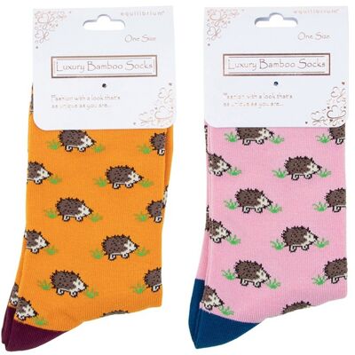 Chaussettes de qualité pour femmes au design hérisson en bambou en moutarde ou rose