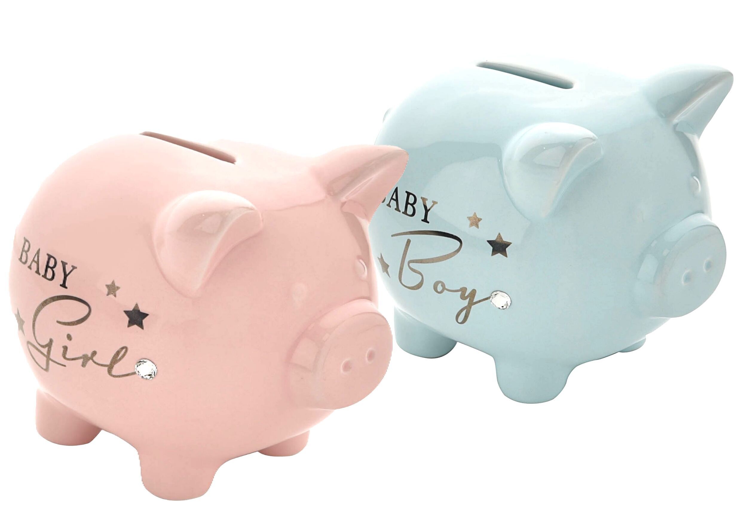 Salvadanaio in ceramica rosa o blu (testo per bambina o bambino), adorabile regalo per neonato, battesimo o baby shower.