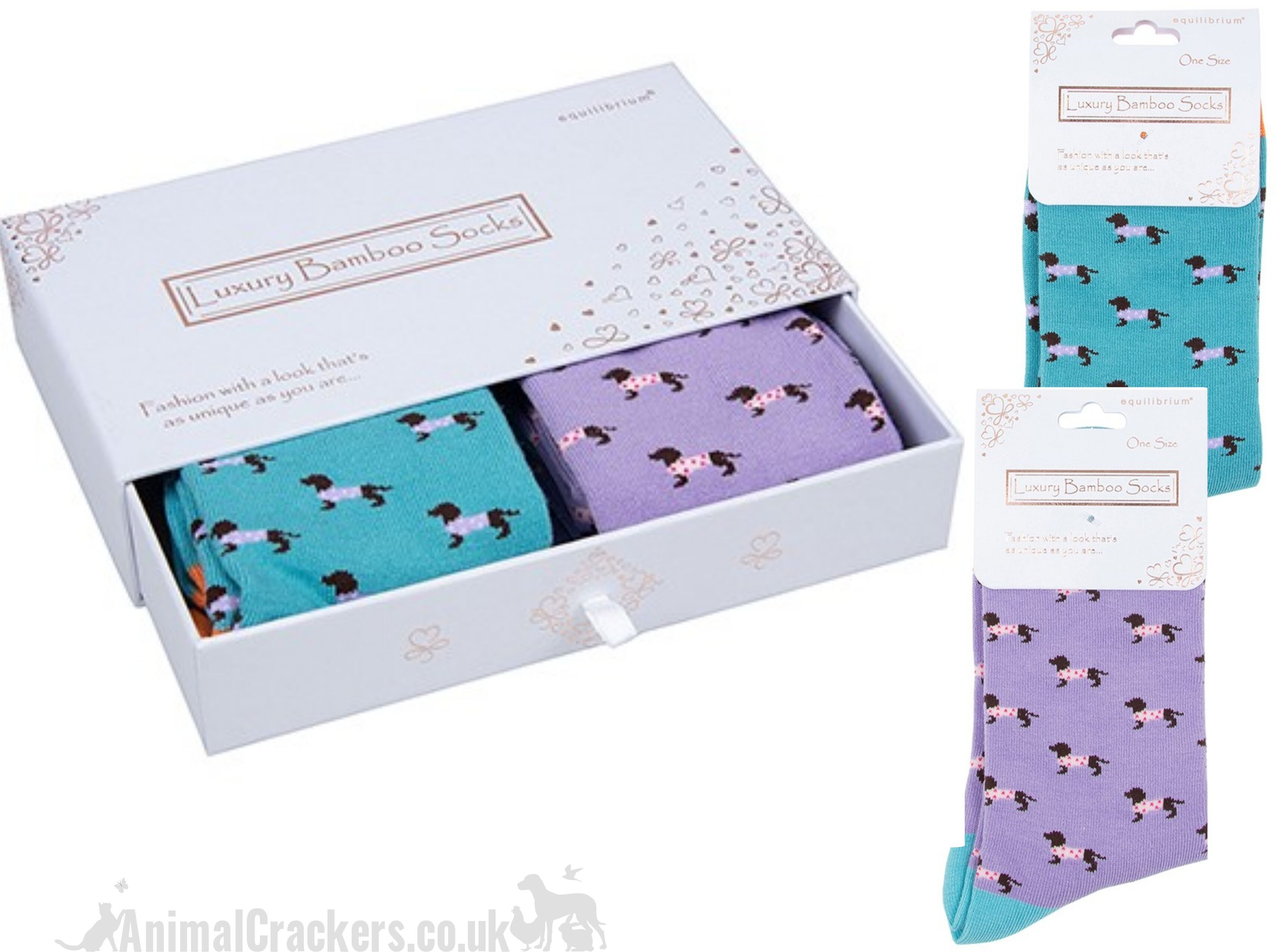 ZWEI PAAR GESCHENKSET (Lila + Blau) Hochwertige Damensocken aus Bambus mit dem Motiv „Pooch“ Dackel im gepunkteten Fell